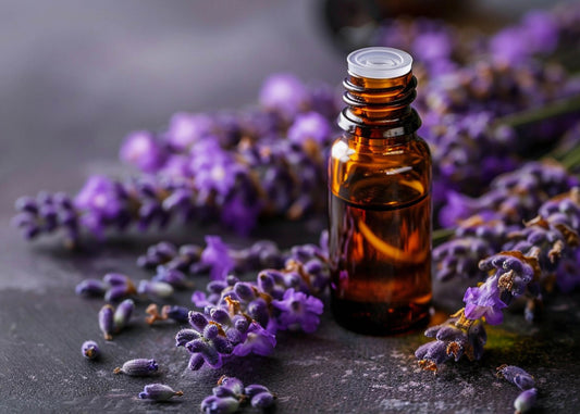 pyurvana essential oil bottle beside lavender leaves