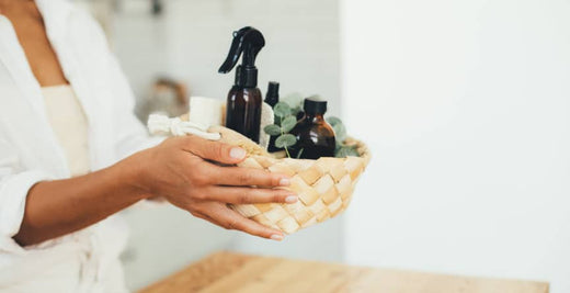 a woman carrying basket full of cosmetics and pyurvana essential oil