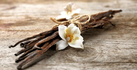 a white flower on the bundle of the vanilla sticks